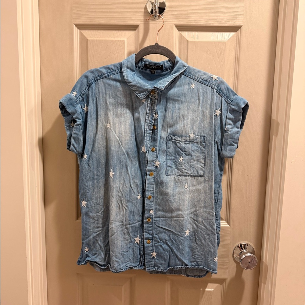 Women's Blue Denim Shirt with Star Pattern